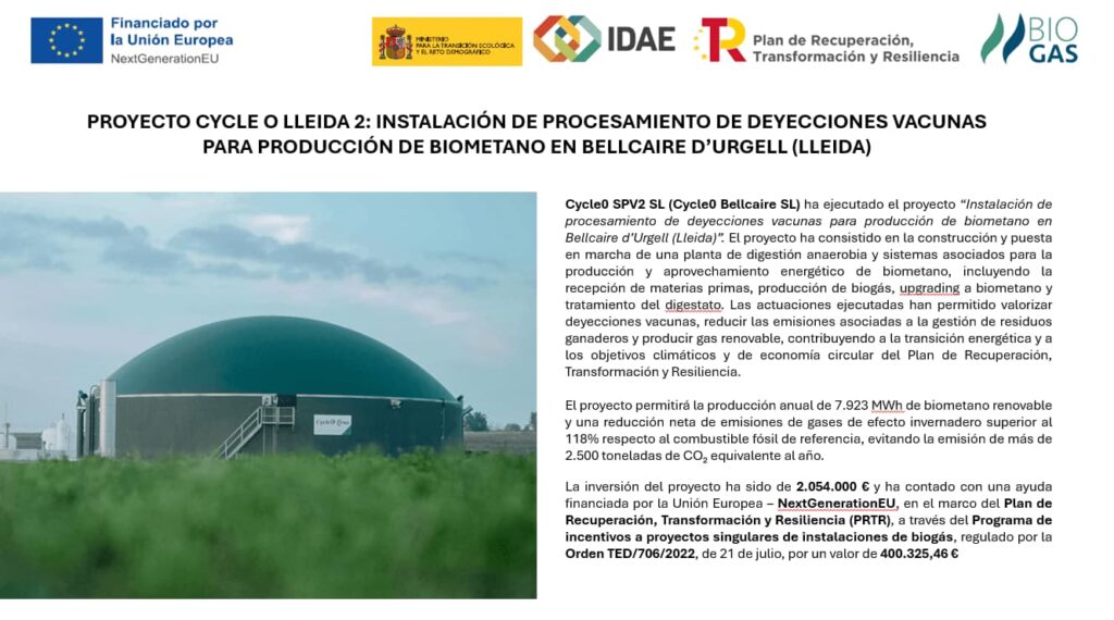 Certificado de apoyo a la planta de biometano Cycle0 Bellcaire d'Urgell
